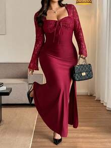 Flirla Bodycon-Kleid mit Schlitz in Rot und Spitze-Patchwork für Damen in Große Größen, minimalistisch & elegant für Partys - Rot - Übersicht 6