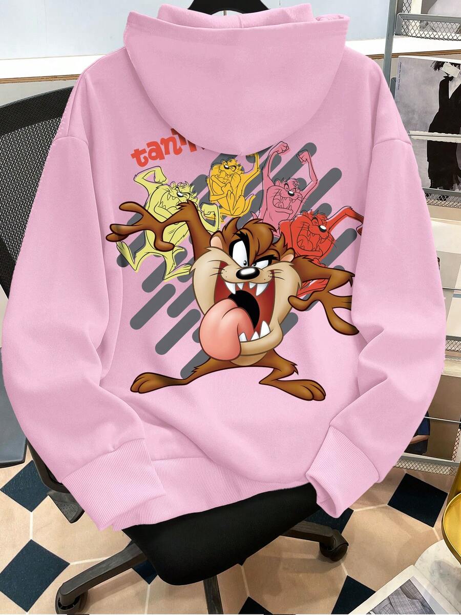 Looney Tunes X Manfinity Manfinity Joysei Áo nỉ có mũ in họa tiết hoạt hình thường ngày cho nam, Thu/Đông - Đỏ - Xem 1