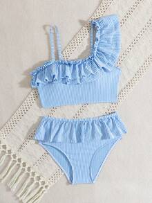 SHEIN Bộ đồ bơi bikini 2 mảnh cho bé gái tuổi teen, họa tiết sọc xanh trắng dễ thương, vai không đối xứng, dây đeo có thể điều chỉnh, hình tam giác nhún bèo - Xanh và trắng - Xem 6