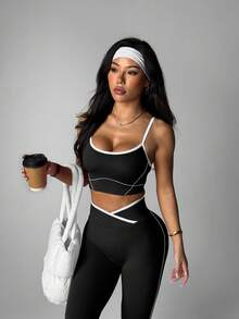 Dewbera Women's Seamless Pink Activewear Set, Striped Crisscross Waist Crop Leggings And Vest Yoga Leggings Set Active Legging Set Gym Leggings Set Curve Activewear Set Active Wear Women Active Sets Crop Top And Leggings Set - Black - View 6