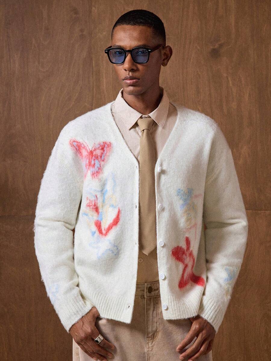 AKNOTIC Business Casual 男士秋冬蝴蝶提花长袖单排扣休闲针织开衫 - 白色 - 查看 1