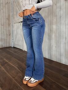 SHEIN PETITE Women's Casual Washed Low-Waist Flare Jeans - Blue - View 7