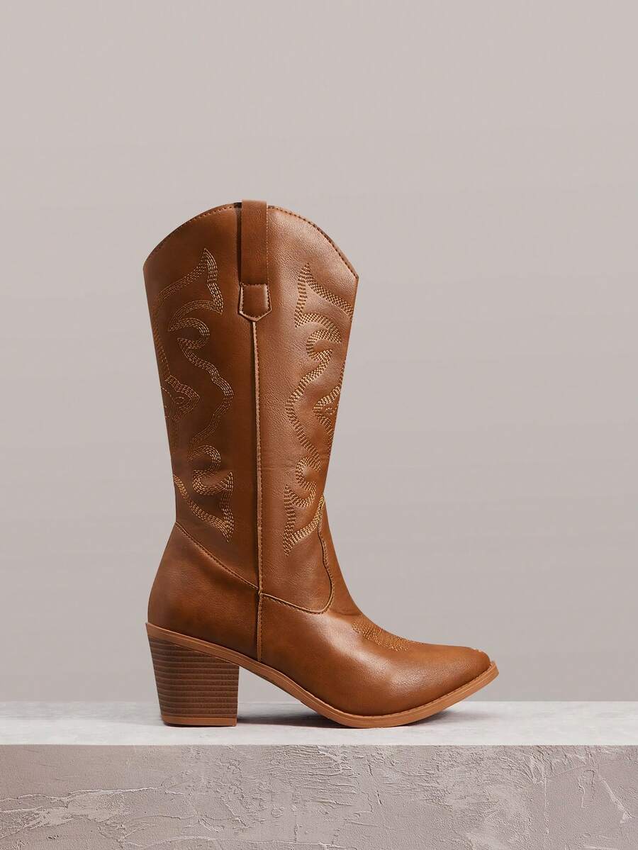 Styleloop Women's Classic Embroidered Western Boots, Vacation Style High Boots For All Seasons, Leather Pointed Toe Chunky Heel Mid-Calf Riding Boots, Suitable For Christmas & Halloween - Brown - View 1