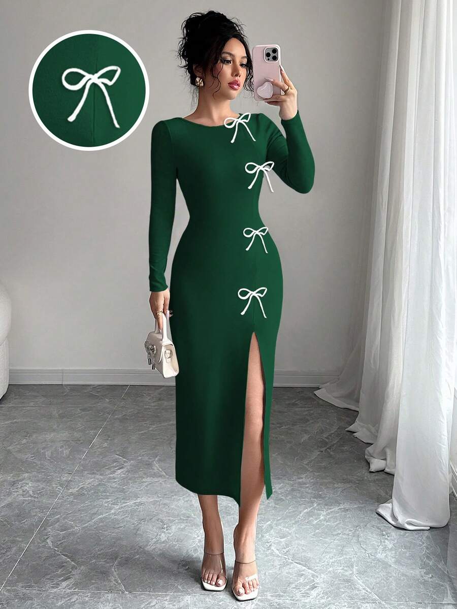 Elenzga Đầm midi xẻ tà eo cao đính nơ thanh lịch dành cho nữ, trang phục maxi thu cho nữ - Màu xanh lá cây đậm - Xem 1