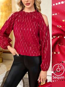 SHEIN Clasi 女式条纹露肩宽松时尚优雅衬衫 - 酒紅色 - 查看 1