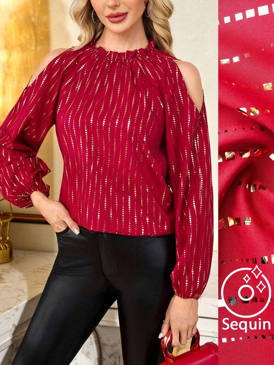 SHEIN Clasi 女式条纹露肩宽松时尚优雅衬衫 - 酒紅色 - 查看 1