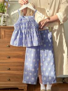 Vintaside Kids 两件套女童格纹碎花印花无袖上衣和配套长裤，修身款式，适合外出、休闲、运动、派对等场合。