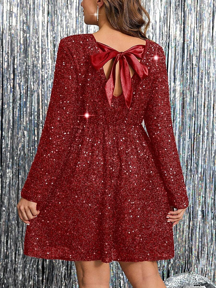 SHEIN Clasi Plus Size Women Elegant Party Dress With Sequin Decor And Twist Back Design - Red - View 1