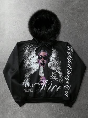 Felpa con cappuccio da uomo in ecopelliccia con stampa di lettere e ritratti