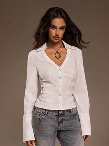 SHEIN ICON Y2k Women's White Solid Color Waist-Cinched V-Neck Long Sleeve Blouse,White Shirt - White - View 6