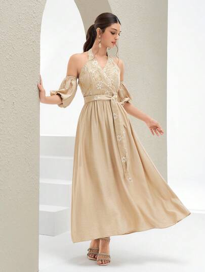 Al Najma New Design Lace Patchwork Romantic Tie-Cinched Waist Party & Holiday Dress