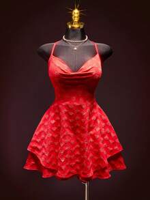 SHEIN ICON 女士性感时尚心形提花垂褶领吊带迷你连衣裙 - 紅色 - 查看 5