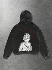 ROMWE MEN Street Life Sudadera con capucha con cremallera y lavado ácido con eslogan para hombre - Negro - Ver 1