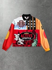 ROMWE MEN Street Life Felpa casual da uomo con colletto polo, maniche lunghe e stampa digitale di lettere - Multicolore - Visualizzare 1