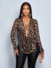 SOLERSUN Camiseta de manga larga con cuello drapeado y fruncido de malla con estampado de leopardo elegante para mujer (Floral aleatorio) - Marrón - Ver 3