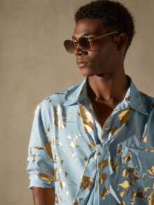 AKNOTIC Business Casual Men's Long Sleeve Single-Breasted Pocket Fashionable Foil Shirt Mens Champagne Shirt Mens Gold Print Shirt Mens Casual Shirt - Blue - View 2