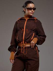 MUSERA Light Weight Zip Through Contrast Colour Toggle Detail Cropped Hooded Jacket Coord Top Only Winter  Coolgirl Cosy Cute Outdoors Explorer - Chocolate Brown - View 1