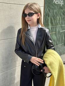 Cool och snygg kort jacka i konstläder för flickor, långärmad - Svart - Visa 1