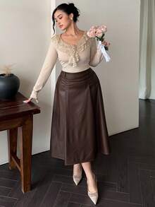 Dazy Plus 纯色PU皮A字裙，优雅百搭，适合春秋季穿着 - 棕色 - 查看 4