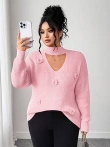 Elenzga Áo len dài tay cổ tròn choker móc vai màu trơn thanh lịch dành cho nữ cỡ lớn, thích hợp cho ngày Valentine, mùa Thu/Đông. - Hồng - Xem 4