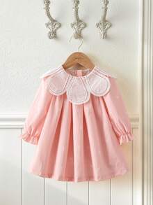 SHEIN Baby Girls' Elegant Floral Collar Design Long Sleeve Loose A-Line Dress, Soft Fabric Suitable For Delicate Skin, Spring/Summer - Pink - View 2