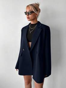 Ritzy Row Women's Casual Oversized Padded Shoulder Mid-Length Double-Breasted Blazer - Navy Blue - View 5