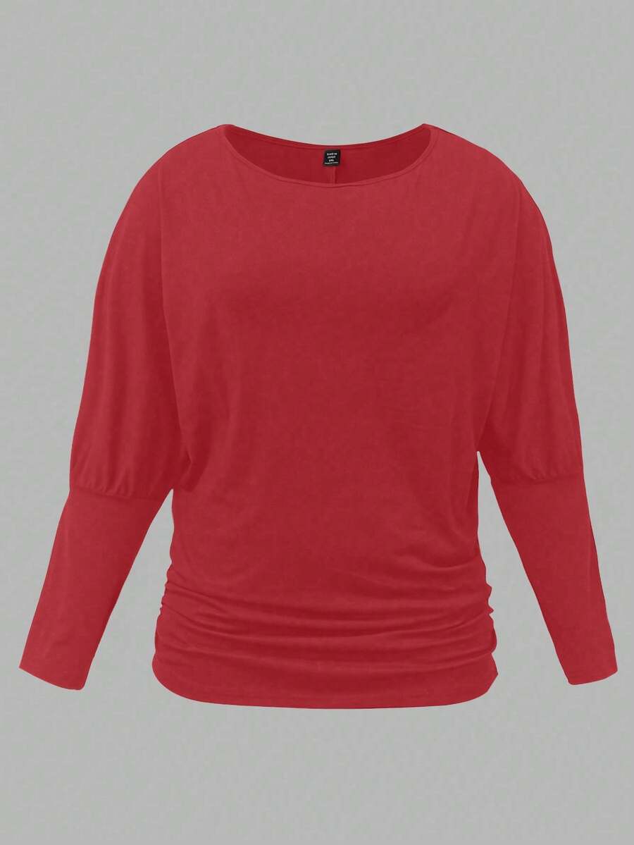 SHEIN LUNE Women's Plus Size Casual Solid Color Crew Neck Long Sleeve Knit T-Shirt, Autumn/Winter - Red - View 1