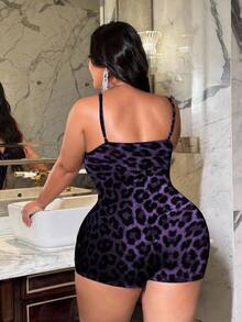 NU&NOW Plus Size Women Lace & Leopard Print Patchwork Sexy Jumpsuit For Party - Purple - View 2