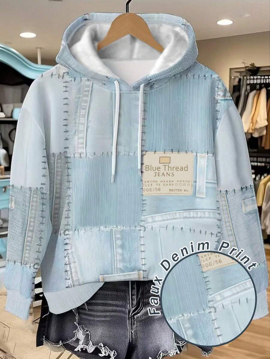 EMERY ROSE Áo nỉ nữ dáng rộng in họa tiết denim giả màu xanh cổ điển, cỡ lớn, mùa thu đông, áo nỉ có mũ mùa thu đông, quà tặng nữ, áo nỉ ngày lễ, sản phẩm, áo phông thời trang, áo nỉ làm đẹp, quà tặng anh chị em, quà tặng chị em gái, áo nỉ vui nhộn, áo nỉ giản dị và phong cách - Màu xanh lam - Xem 1