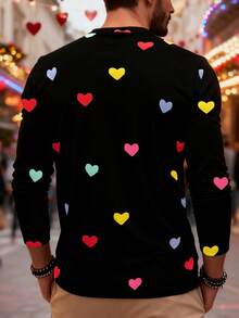 Manfinity Dauomo Męski top, wielokolorowy wzór w serduszka, dzianinowy sweter z długim rękawem i okrągłym dekoltem, luźna i modna warstwa wewnętrzna w stylu InS, elegancka i stylowa, lekka, luksusowa koszulka, prezent na walentynki, prezent dla pary, prezent dla chłopaka, prezent na powrót do szkoły, prezent noworoczny 2026 - Czarne - Zobacz 2
