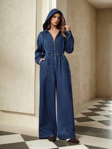 Selenza Women's Drop Shoulder Drawstring Hooded Long Sleeve Zipper Pocket Casual Denim Jumpsuit - Blue - View 7