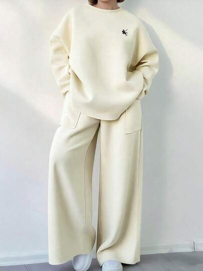 EMERY ROSE 2pcs Set: Plus Size Crew Neck Dropped Shoulder Long Sleeve Loose Casual Beige Embroidered Sweatshirt