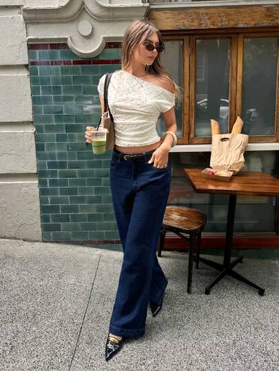Serisse Women's Off-White Textured One Shoulder Slim Fit T-Shirt,Elegant Asymmetric Short Sleeve Top,Solid Color Oblique Shoulder Summer Brunch Casual Top