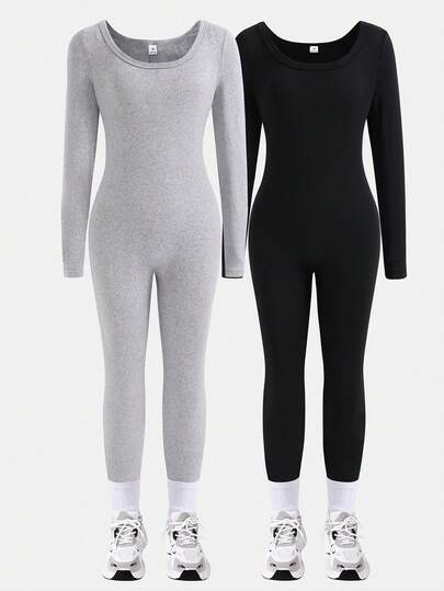 Sparklyn 2pcs/Set Tween Girls Casual Basic Sports Street Yoga Square Neck Long Sleeve Jumpsuit Chic Outfits For Autumn/Winter Fall