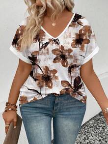 EMERY ROSE Plus Size Women's Fashion Casual Vacation Floral Print V-Neck Batwing Short Sleeve Loose T-Shirt, Summer - Multicolor - View 4