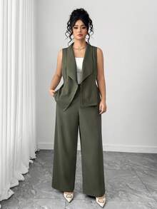 Elenzga Damen eleganter Blazer mit Kragen, V-Ausschnitt, Langarm, Gürtel und Knöpfen und gerade, weite Hose als Anzug-Set - Armeegrün - Übersicht 3