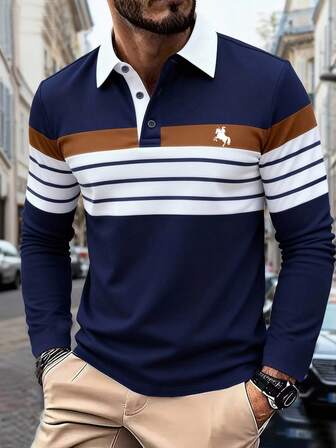 เสื้อเชิ้ตพิมพ์ลายทางสีตัดกันลำลองฤดูใบไม้ร่วง - ดีไซน์ติดกระดุมด้านหน้า - ชุดใส่ไปงานเลี้ยงสังสรรค์ในสำนักงานแบบเป็นทางการและลำลอง - เสื้อท่อนบนสำหรับฤดูใบไม้ร่วง/ฤดูหนาวซักเครื่องได้, เสื้อโปโลอเนกประสงค์สำหรับผู้ชาย, เหมาะสำหรับใส่ไปสังสรรค์และใส่ในชีวิตประจำวัน, เสริมความสง่างาม, เสื้อแขนยาว, Graphic Design