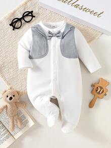 Spring/Autumn Gentleman Bow Tie Romper, 2 In 1 Baby Jumpsuit Long Sleeve Outfit, 1 Year Old Baby Crawler Suit - Multicolor - View 3