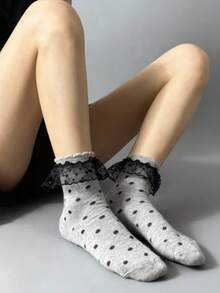 ROMWE Kawaii 女士波点图案网眼拼接荷叶边可爱船袜 - 多色A1 - 查看 3