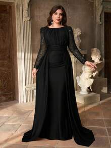 Aureia 大码优雅奢华圆领撞色网纱亮片袖褶皱腰身修身鱼尾裙摆连衣裙，适合晚宴、单身派对、约会、舞会、节日、婚礼（装饰繁复）、情人节等场合。 - 黑色 - 查看 2