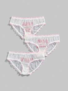 ROMWE Kawaii 3pcs Sweet & Cute Letter Slogan Mesh Women's Thong Panties - White - View 2