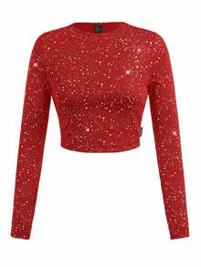 Y2Kool BiGraphic Women's Metallic Silver Foil Polka Dot Print Fitted Long Sleeve T-Shirt, Suitable For Parties, Halloween, Y2K Streetwear, Autumn/Winter Casual Stylish Collection New Years Rhinestone Tops Red Sparkly Top Red Concert Top Party Top Valentine Tops Springs Women Birthday For Women Carnival