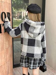 SHEIN 女童毛绒格子对称图案连帽休闲百搭外套，适合日常穿着 - 黑色 - 查看 2