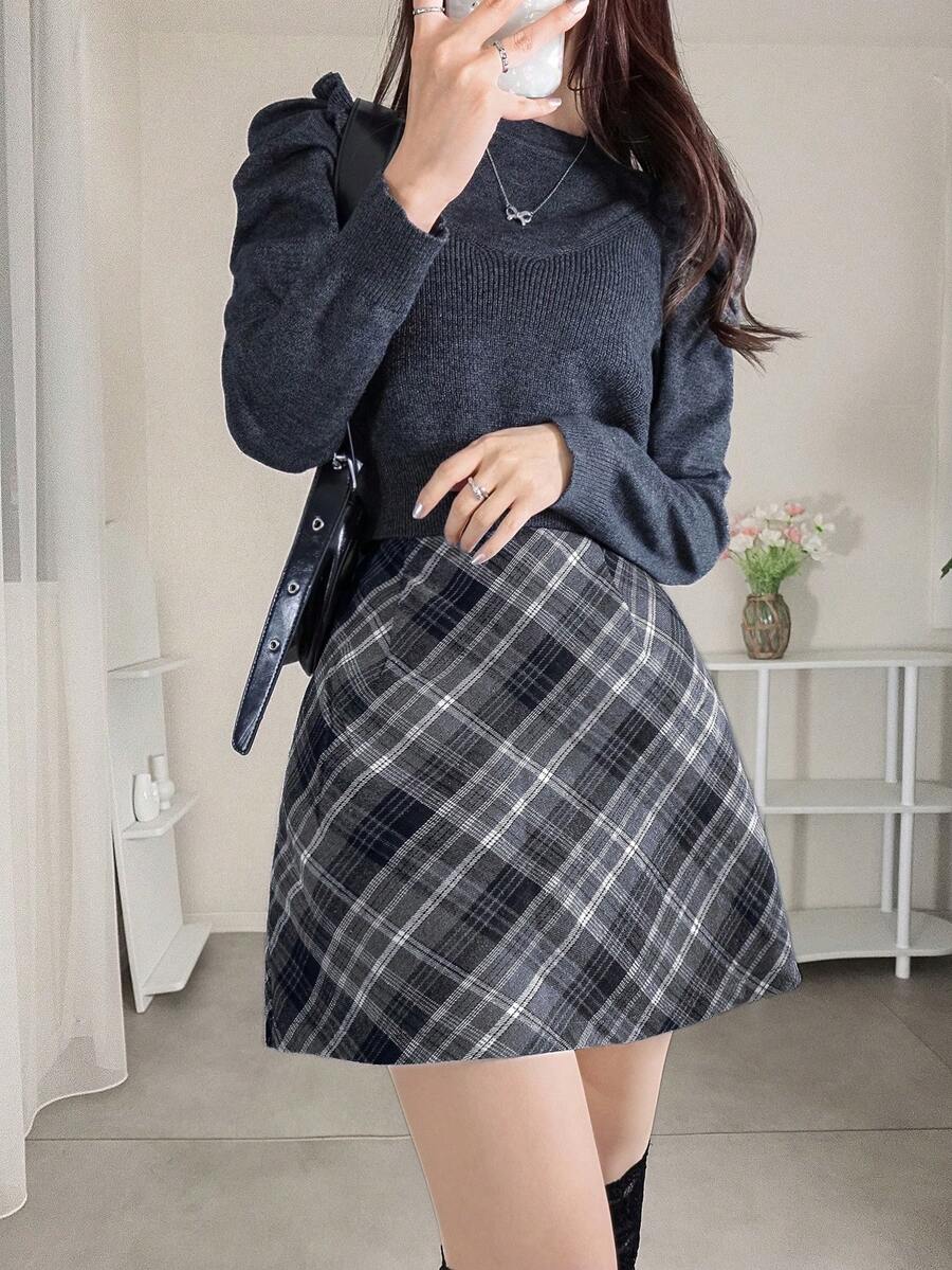 FRIFUL 女士格子H字短款休闲百搭半身裙，显瘦，秋冬款 - 灰色 - 查看 1