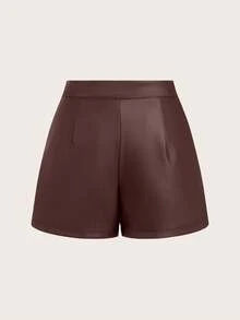 Franclia Pantalones cortos de mujer de cintura alta de unicolor con bolsillo en diagonal, para verano - Color caoba - Ver 3