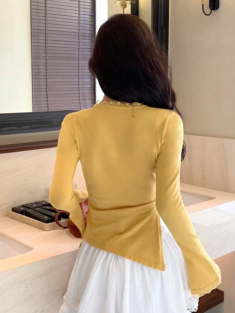 Women's Contrast Lace Bow Tie Elegant Long Sleeve Sweater, Suitable For Spring And Autumn