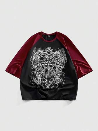 Goth T-shirt ample à manches raglan avec imprimé croix et ailes, style punk de rue mode décontractée pour hommes en été