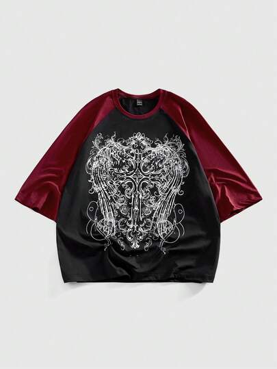 Goth Herren Sommer Lässig Mode Street Punk Stil Kreuz & Flügel Muster Kontrast Raglan Ärmel Loose T-Shirt