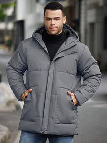 Manfinity Homme Áo khoác nam cỡ lớn màu trơn có mũ trùm đầu, khóa kéo, đệm, mùa đông - Màu Xám nhạt - Xem 3