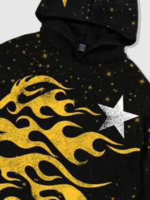 ROMWE MEN Street Life Teen Boy Casual Flame & Star Print Loose Sweatshirt, Autumn - Black - View 3